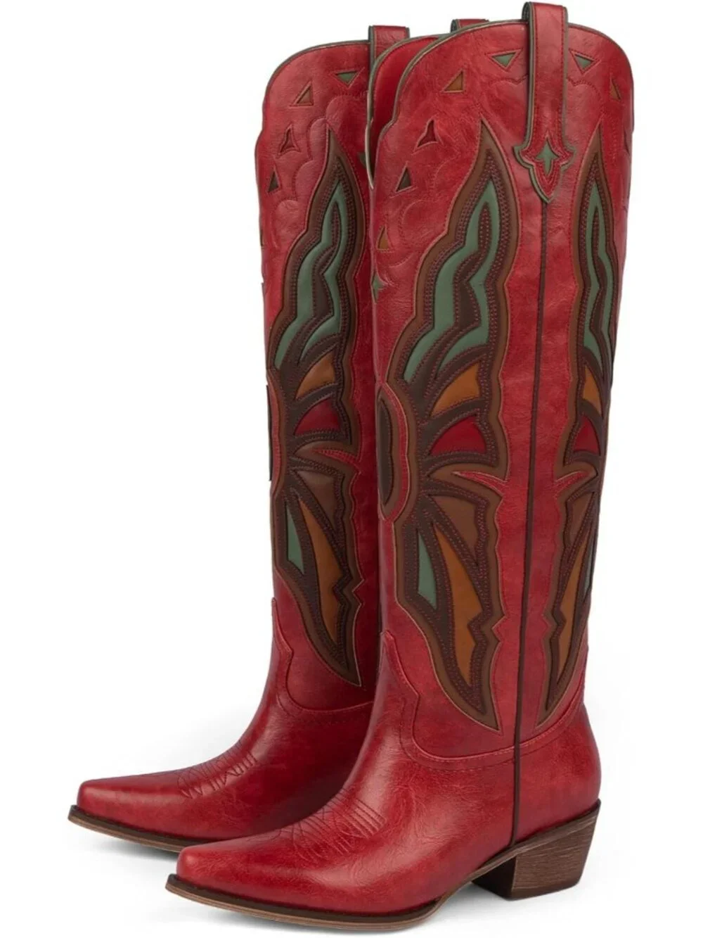 Women's Red Cowboy Knee High Chunky Heel Butterfly Cowgirl Boots Wide Calf